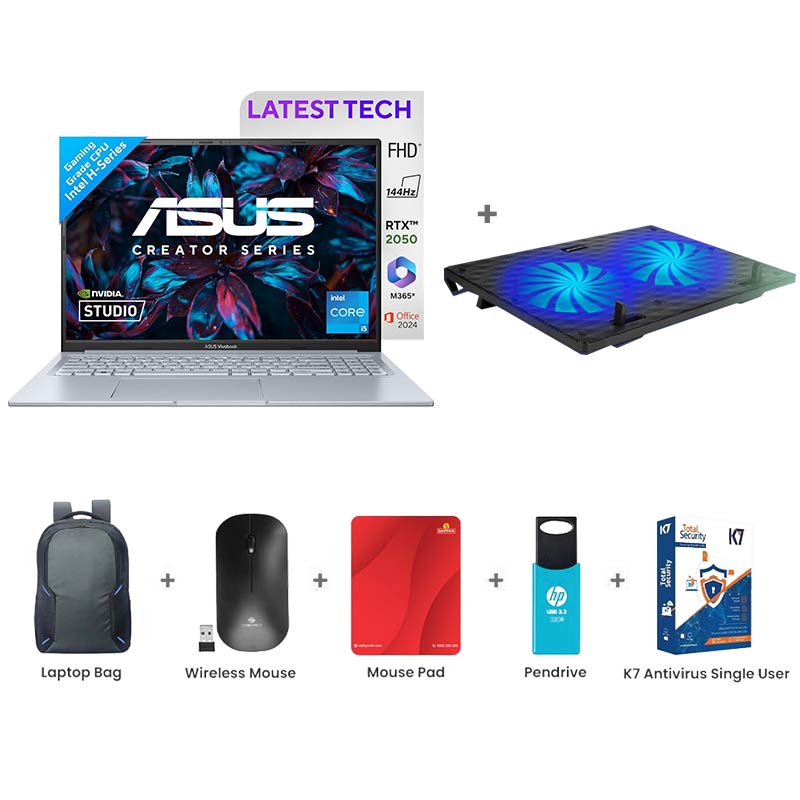 Picture of ASUS Vivobook 16X - Intel Core i5-13420H 16" (40.64 cm) K3605VC-RP413WS Thin & Light Laptop (16GB/ 512GB SSD/ WUXGA Display/ NVIDIA GeForce RTX 3050/ Windows 11 Home/ MS Office/ 1 Year Warranty/ Cool Silver/ 1.80 Kg) Zebronics ZEB-NC3300 USB Powered Laptop Cooling Pad + Laptop Bag + Wireless Mouse + Mouse Pad + Pendrive + K7 Antivirus Single User